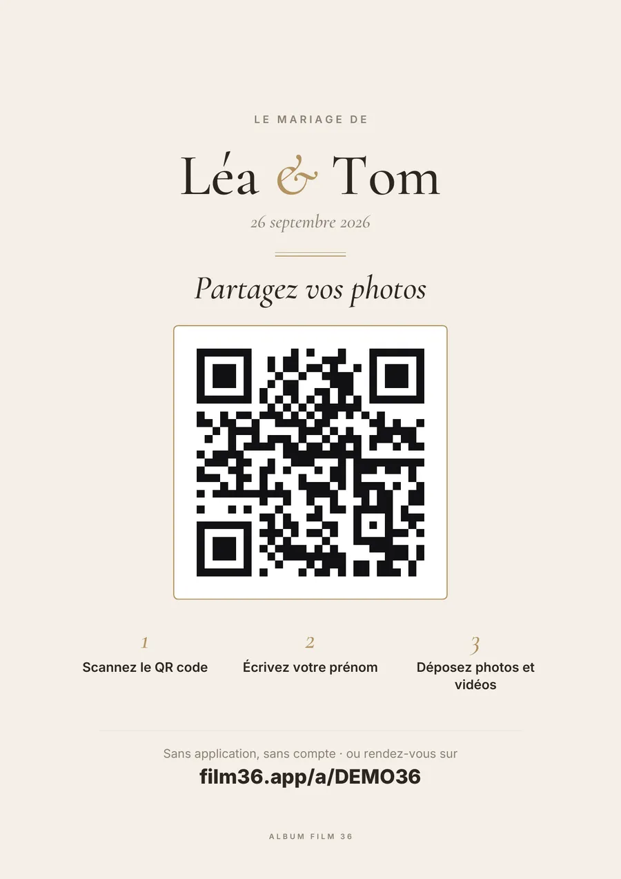 L'affiche A4 « Partagez vos photos » du mariage de Léa et Tom en style Ivoire, avec le QR code et les trois étapes