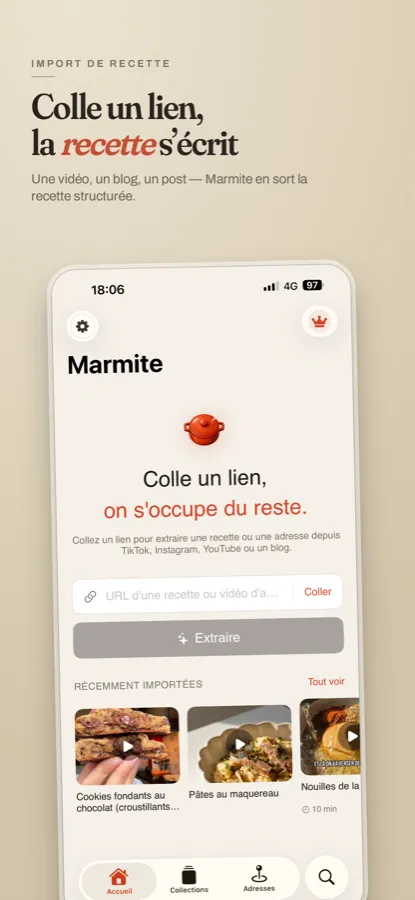 Écran d'accueil de Marmite avec le champ où coller un lien de recette et le bouton Extraire