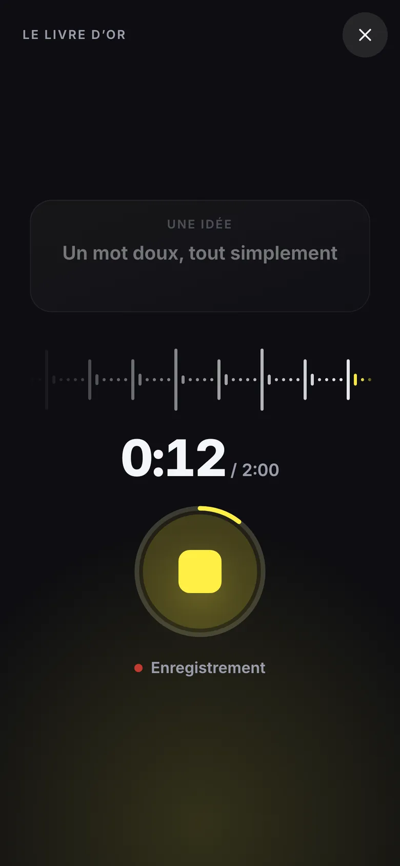 Un message vocal en cours d'enregistrement : le compteur à 0:12 sur 2:00, l'onde de la voix et une idée affichée au-dessus