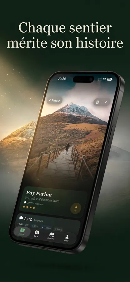 Fiche de randonnée du Puy Pariou avec sa photo de sommet, la date, la météo et la note sur cinq