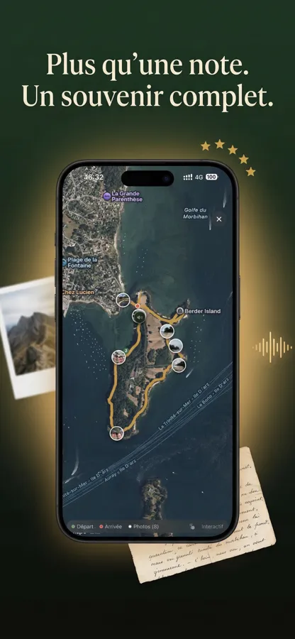 Trace d'une randonnée dans le golfe du Morbihan avec les photos posées à l'endroit exact où elles ont été prises