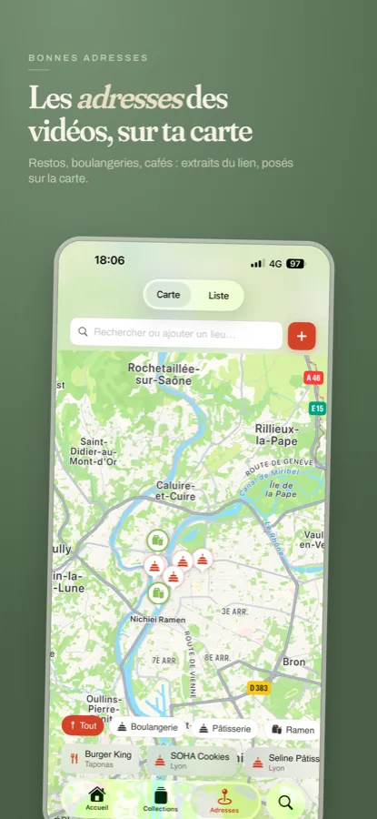 Carte des bonnes adresses repérées dans les vidéos, autour de Lyon