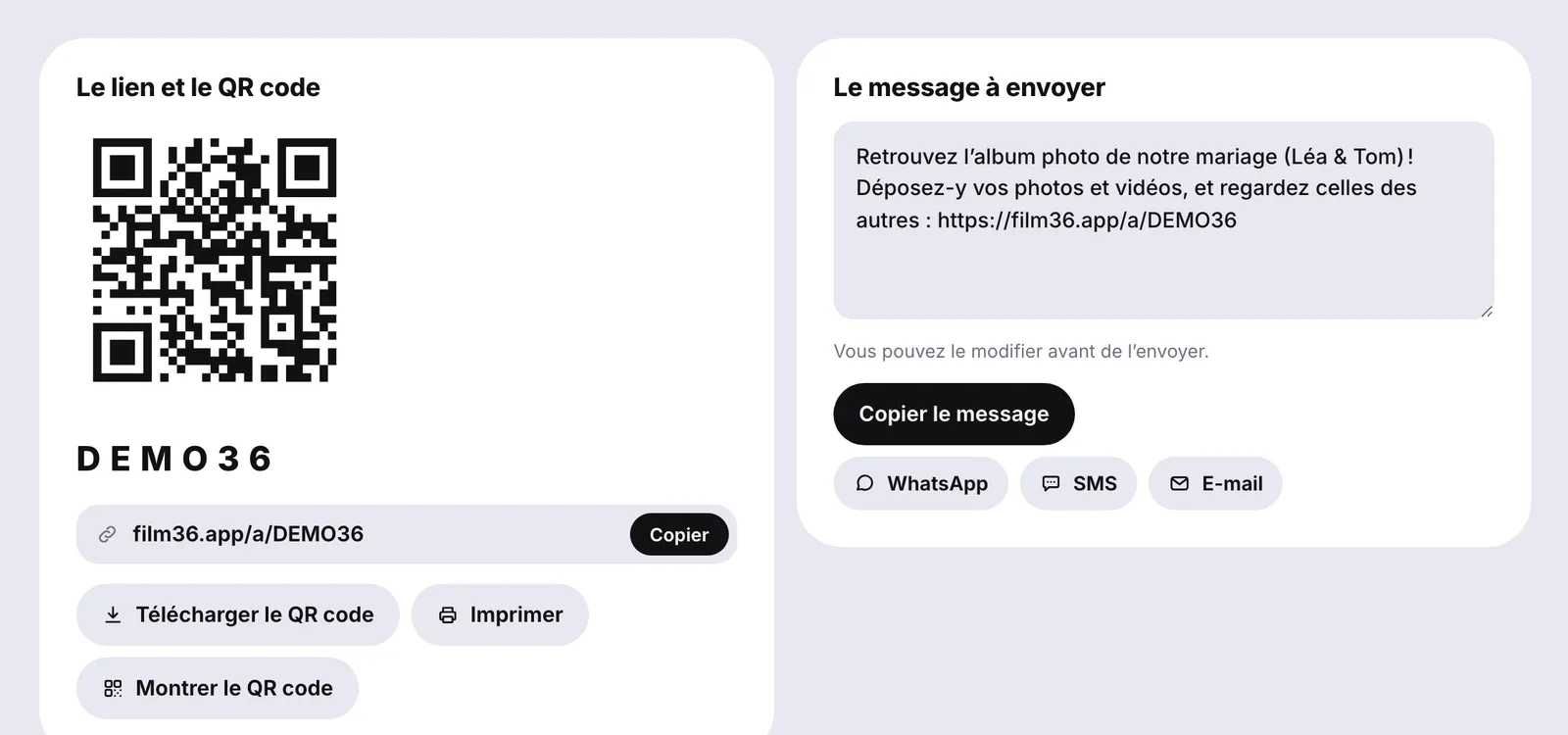 L'écran Partager des mariés : le QR code, le code DEMO36, le lien à copier, et le message prêt à envoyer par WhatsApp, SMS ou e-mail