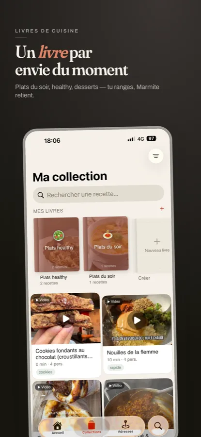 Vue sombre de la collection Marmite avec les livres de cuisine créés par l'utilisateur