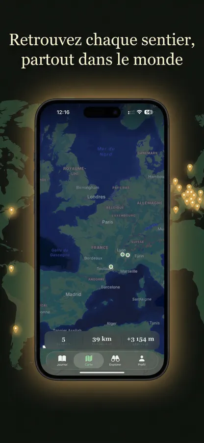 Carte du monde de Summit Journal permettant de retrouver un sentier enregistré n'importe où