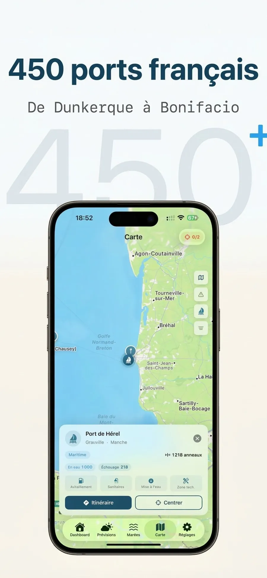 Carte de Houlenn couvrant 450 ports français de Dunkerque à Bonifacio, avec le port de Hérel sélectionné