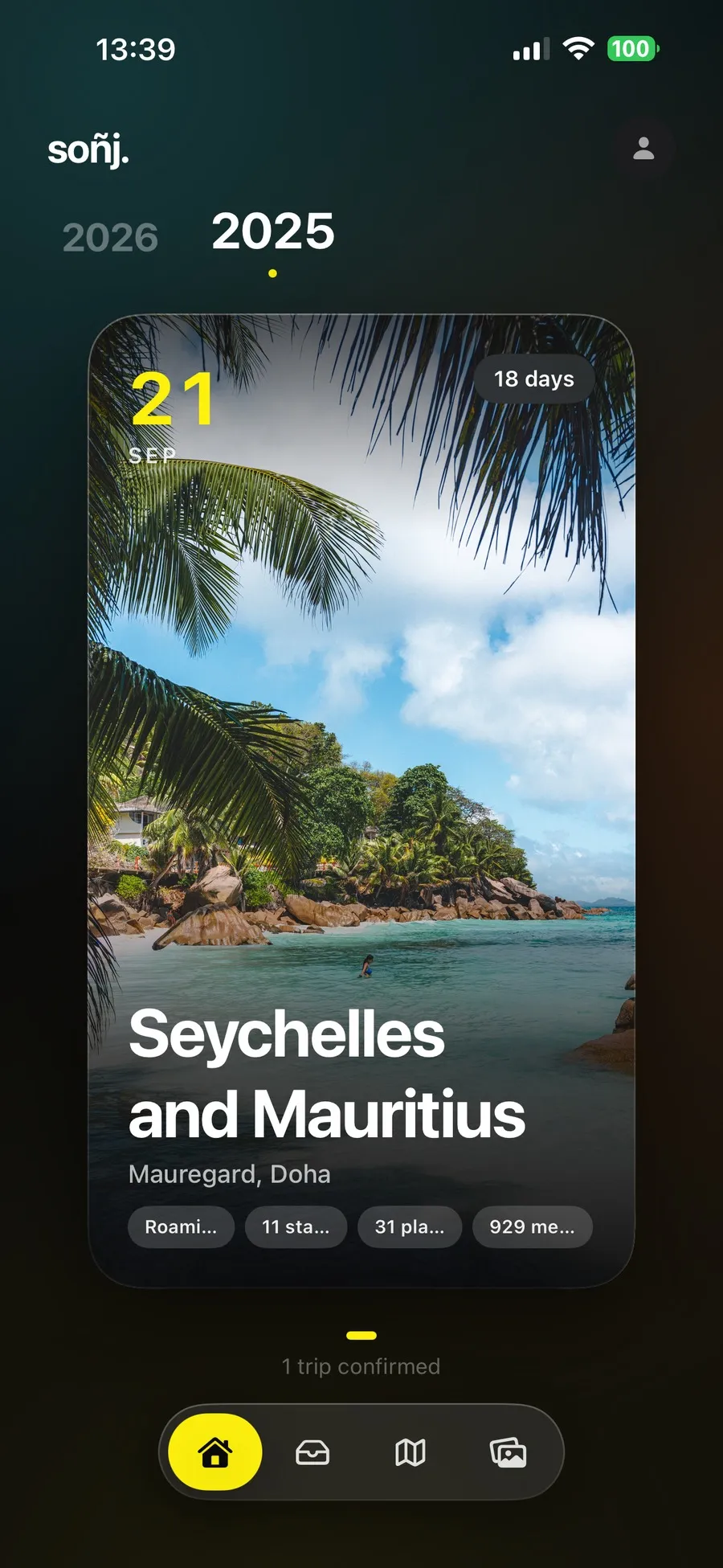 The Soñj home screen showing the Seychelles and Mauritius trip from 21 September, eighteen days, eleven stages, thirty-one places and 929 media