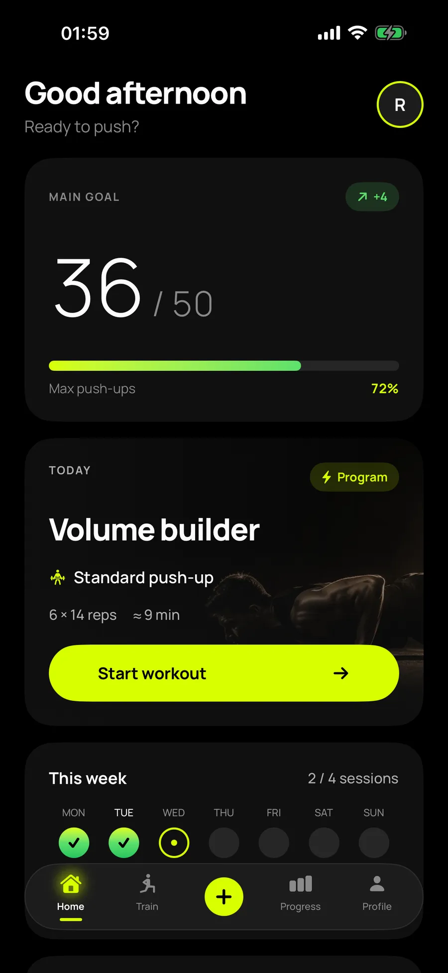Reptor home screen showing a goal of 36 push-ups out of 50, today's session of four sets of 25 reps and a week at two sessions out of four