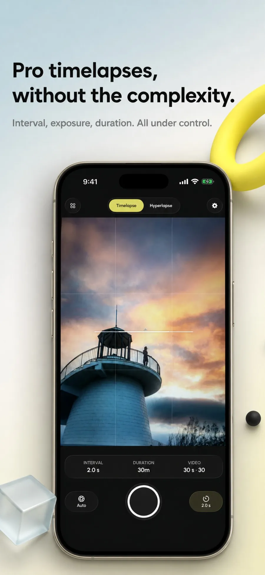 The Interval Pro capture screen on a lighthouse at sunset, showing the 2 second interval, the 30 minute duration and the 30 second final video