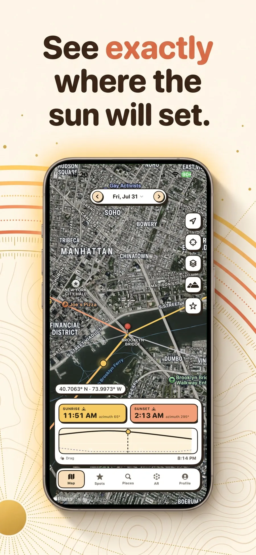 The Suncam map over Manhattan with the golden sunrise line, the coral sunset line and the times 11.51 am and 2.13 am with their azimuths