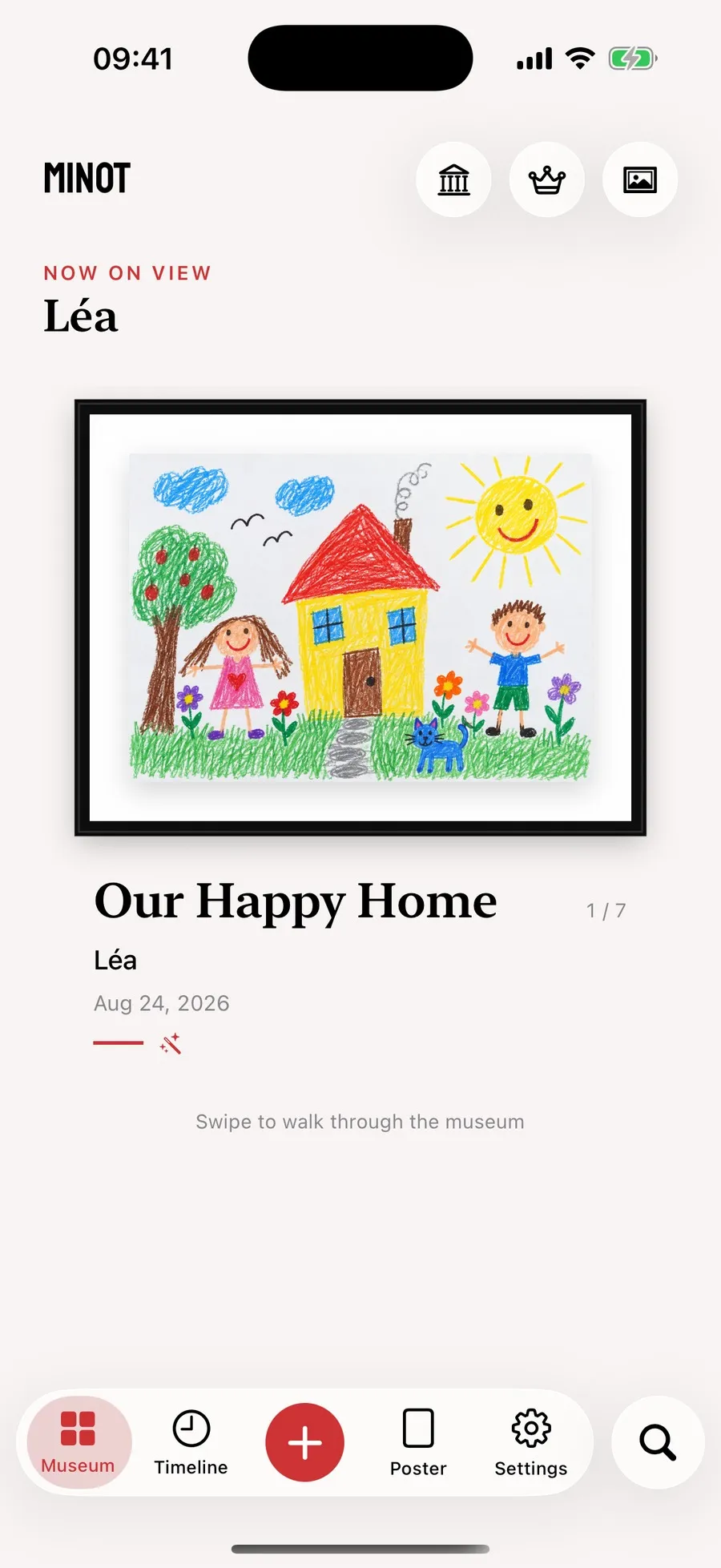 The Museum view in Minot showing a child's drawing in a black frame and white mount, with its title The Happy House, the artist Lea and the date 24 August 2026
