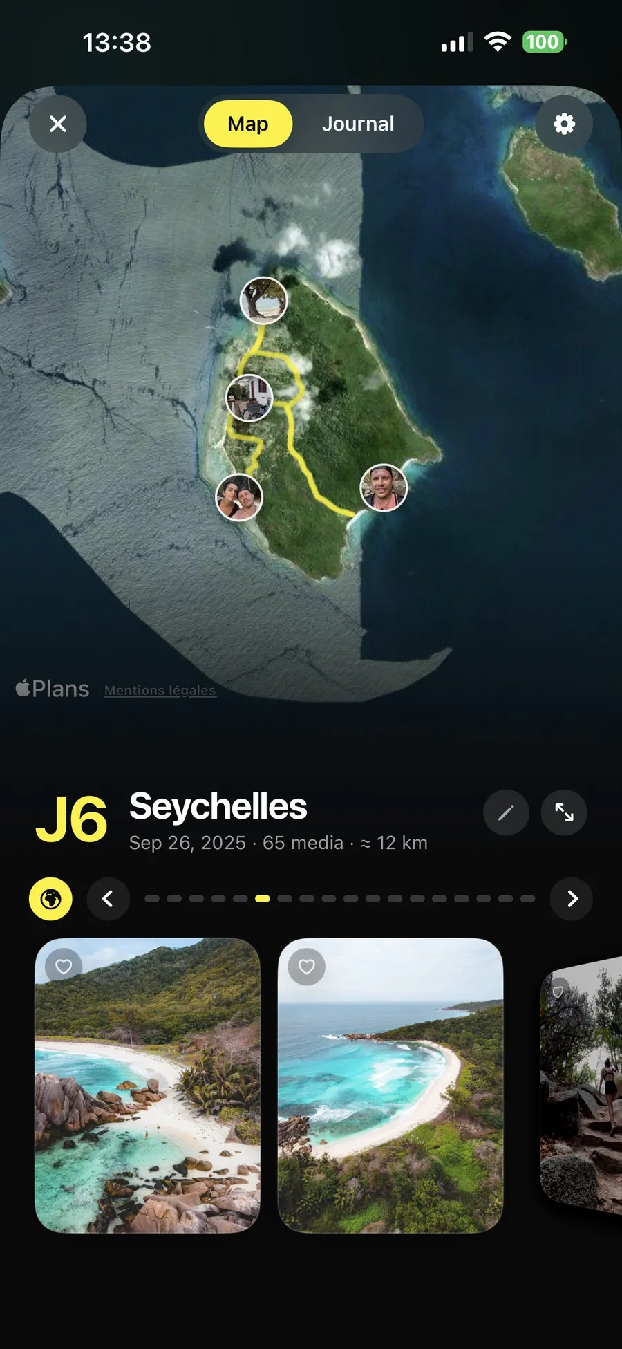 The map of day six in the Seychelles in Soñj, the route drawn in yellow between four places illustrated by their own photos, sixty-five media and twelve kilometres