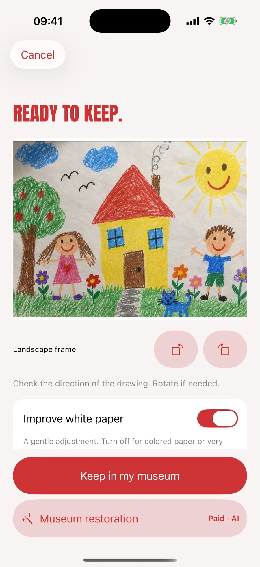 The preparation screen in Minot, the drawing straightened in a landscape frame, rotation buttons and an Enhance white option to be turned off for coloured paper