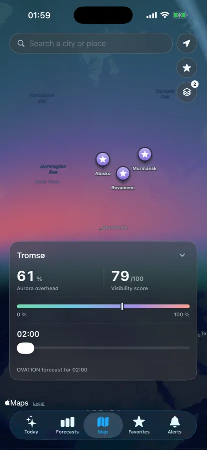 Norya map showing the live auroral oval, the day and night terminator and the pinned locations