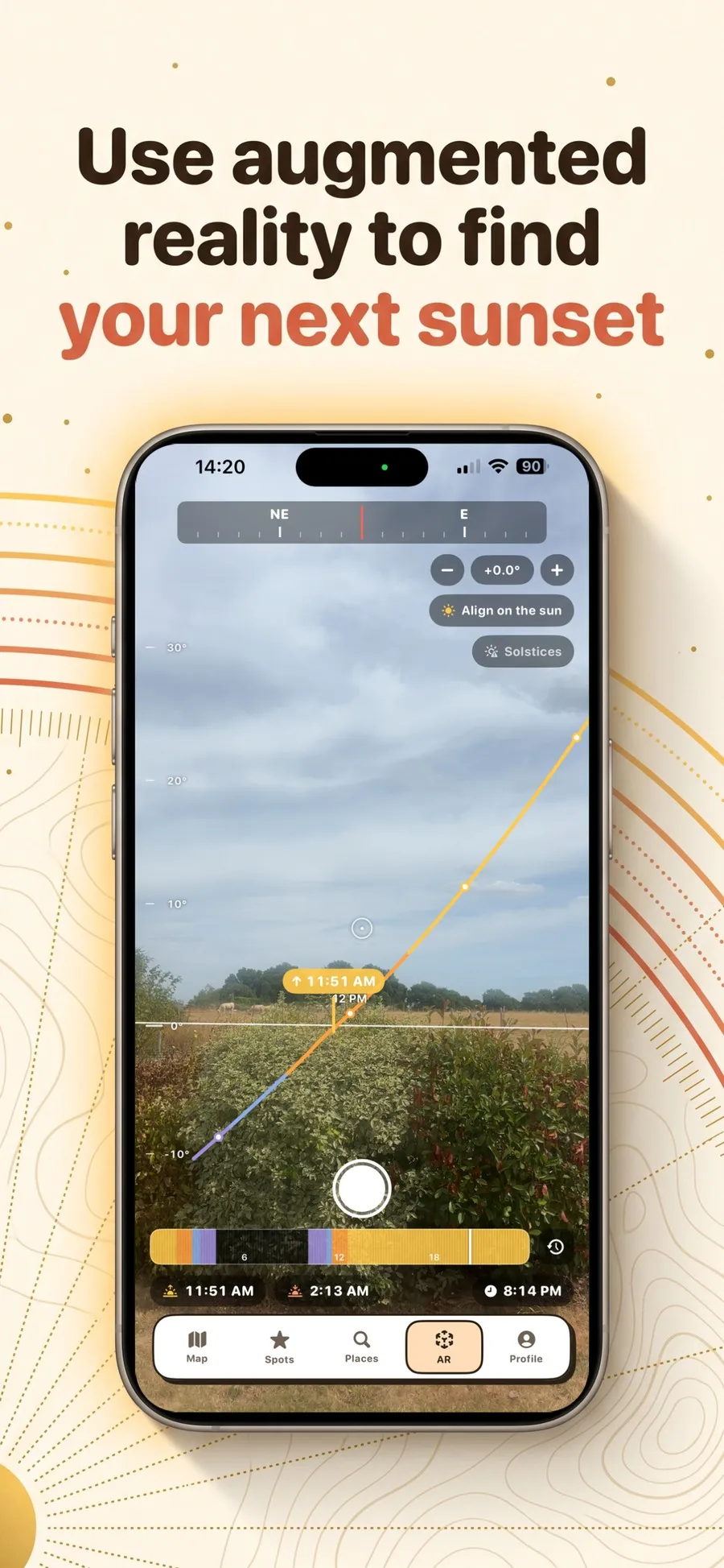 The Suncam augmented reality view overlaying the sun's path on the real landscape, with the elevation ruler and the compass ribbon