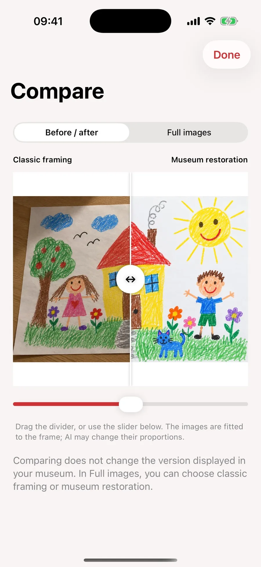 The Compare screen in Minot, a before and after slider between the plain crop showing the sheet on a table and the high definition museum restoration