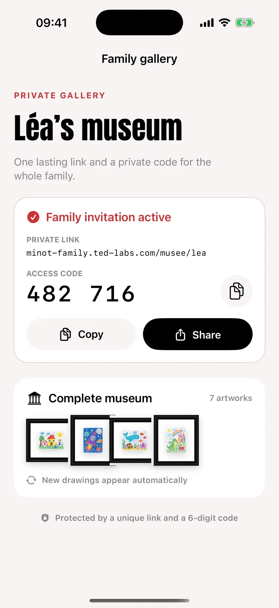 The Family gallery screen in Minot with the private link, the six-digit access code and a note that new drawings are added automatically