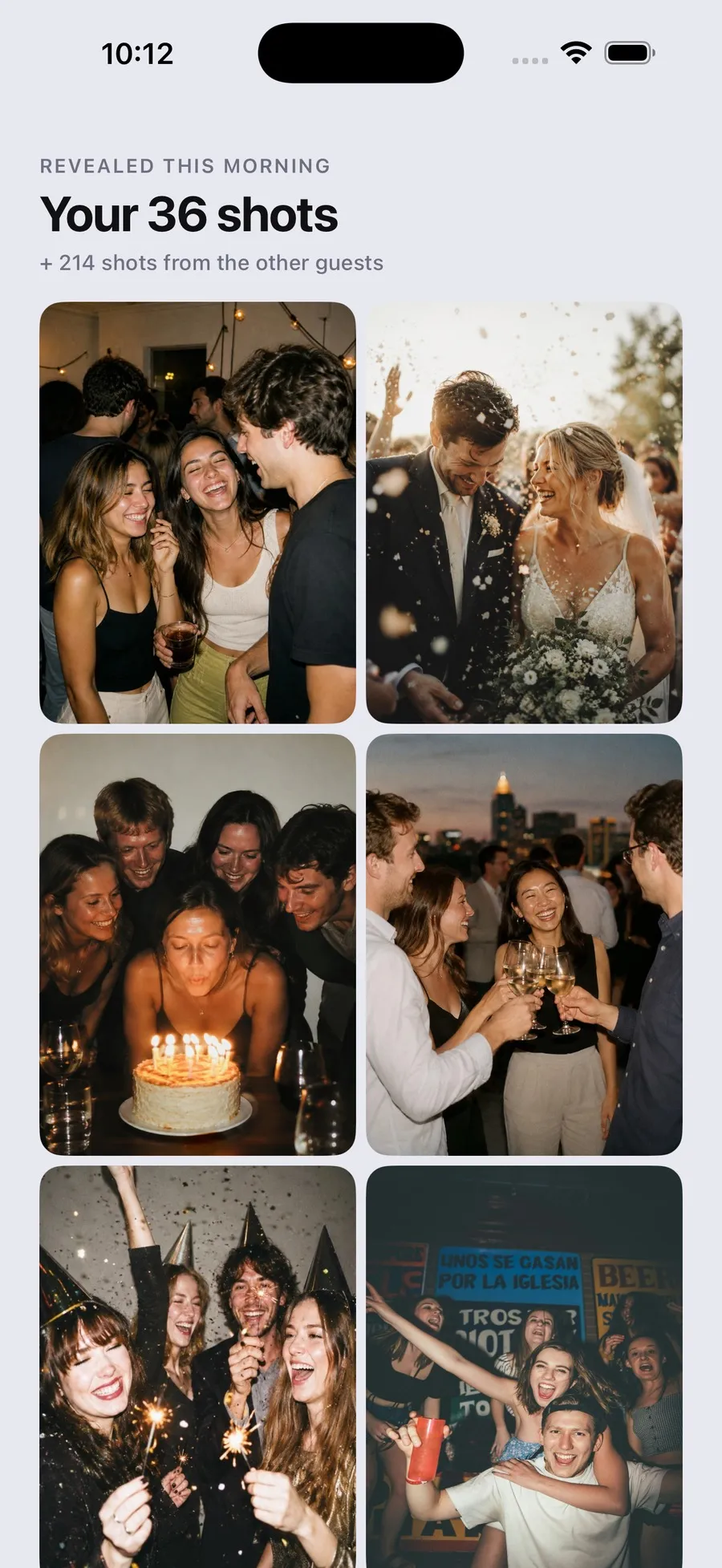 The Film 36 gallery the next morning, showing your 36 shots plus 214 from the other guests in a grid of party and wedding photographs