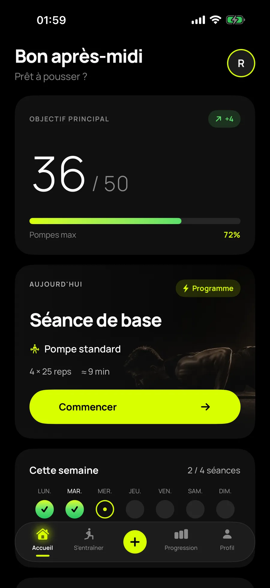 Écran d'accueil de Reptor avec l'objectif de 36 pompes sur 50, la séance du jour en quatre séries de 25 répétitions et la semaine à deux séances sur quatre