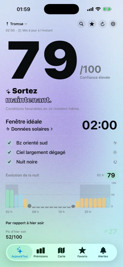 Écran d'accueil de Norya affichant un score de 79 sur 100 à Tromsø, le verdict sortez maintenant et la fenêtre idéale à 2 heures
