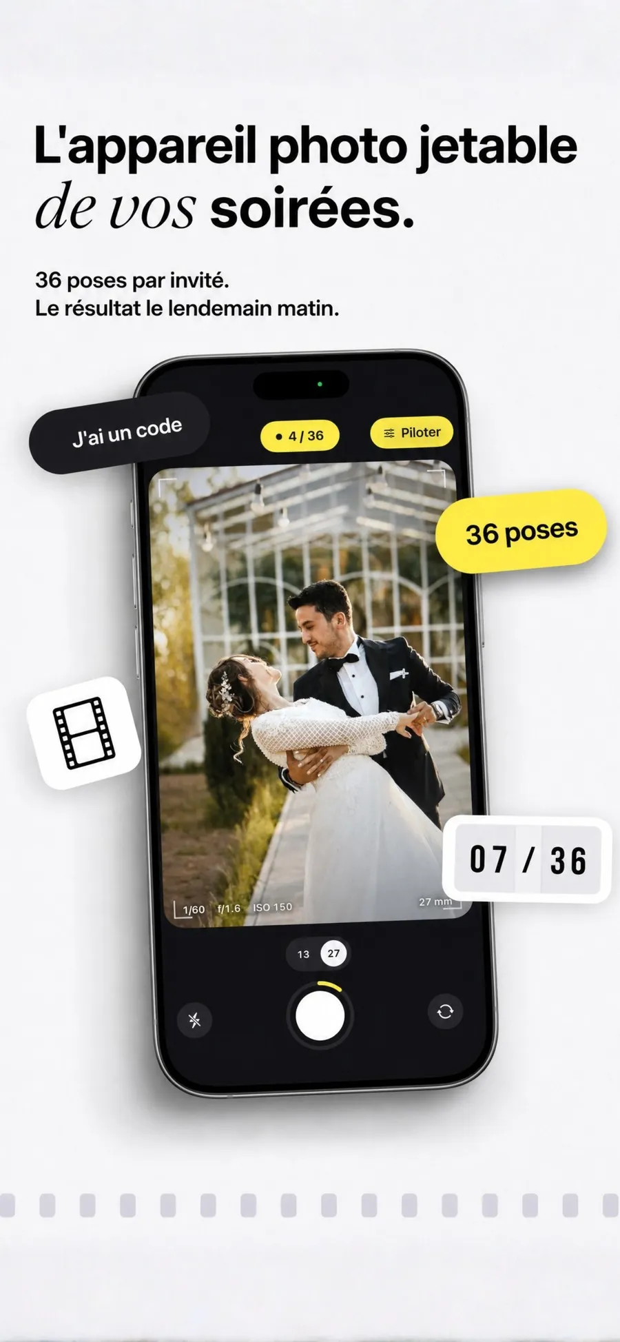L'écran caméra de Film 36 sur fond noir, avec le compteur jaune à 4 poses sur 36, le déclencheur blanc cerclé de son anneau de progression et aucun autre bouton