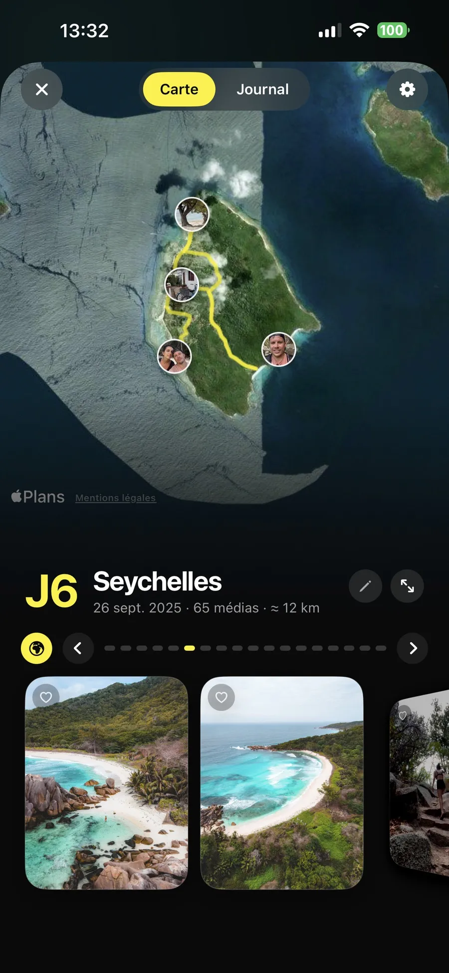 Carte du sixième jour aux Seychelles dans Soñj, le trajet tracé en jaune entre quatre lieux illustrés par leurs photos, soixante-cinq médias et douze kilomètres