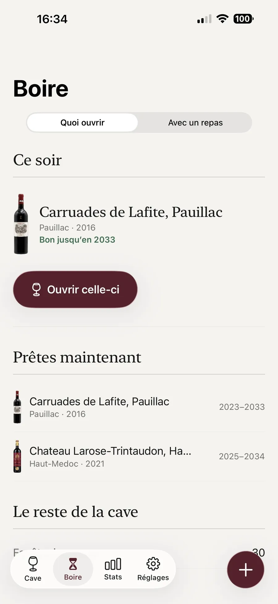 L'onglet Boire de Kav proposant une bouteille pour ce soir, bonne jusqu'en 2033, puis la liste des vins prêts maintenant avec leur fenêtre de garde