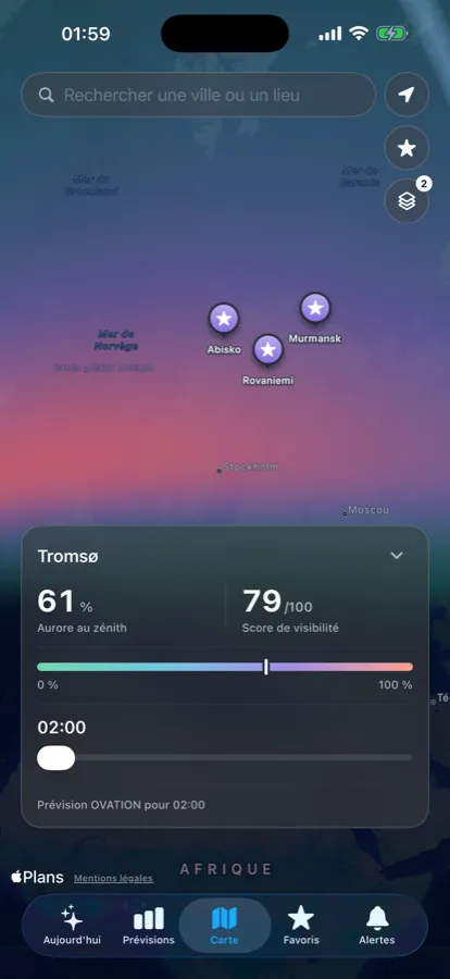 Carte de Norya montrant l'ovale auroral en direct, le terminateur jour nuit et les lieux épinglés