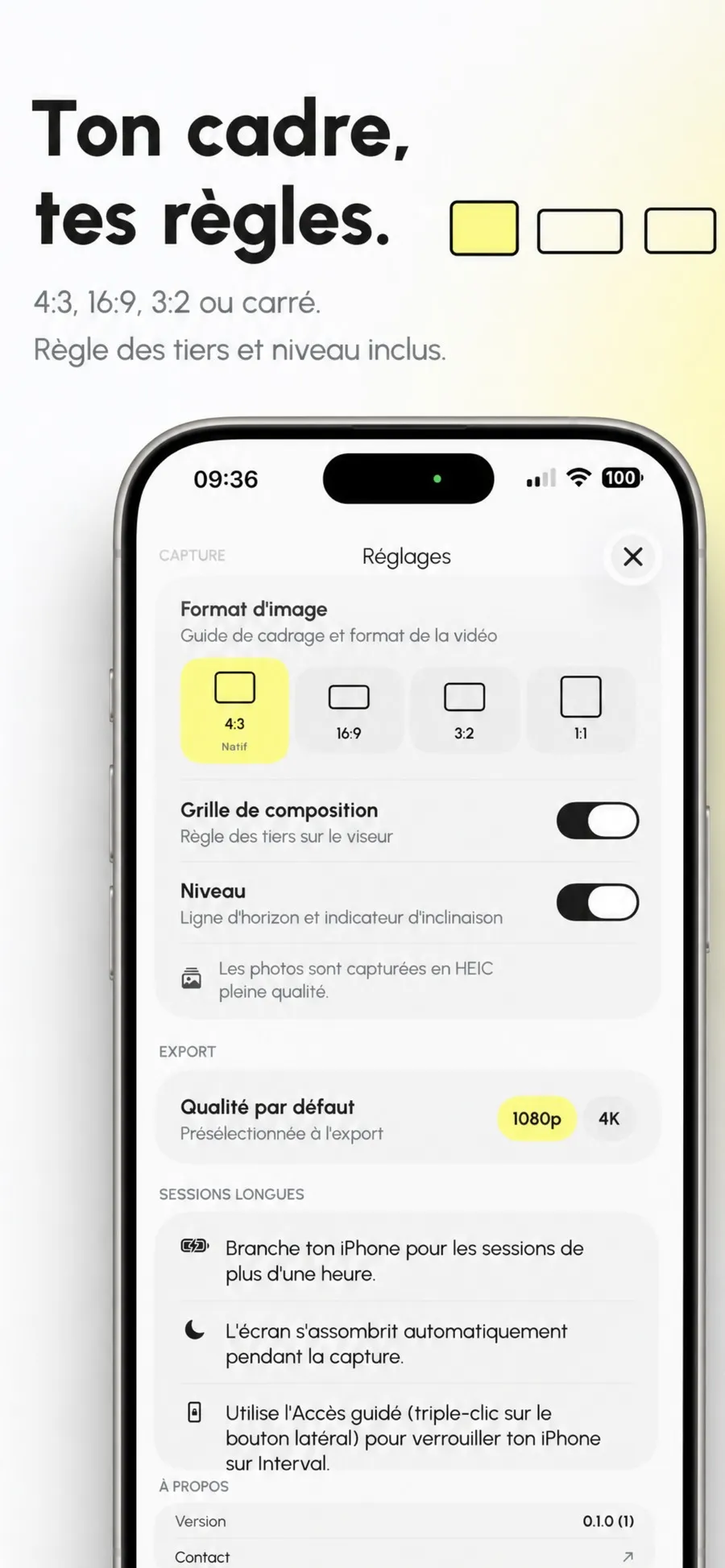 Réglages d'Interval Pro avec les formats 4:3, 16:9, 3:2 et carré, la grille des tiers, le niveau d'horizon et la qualité d'export
