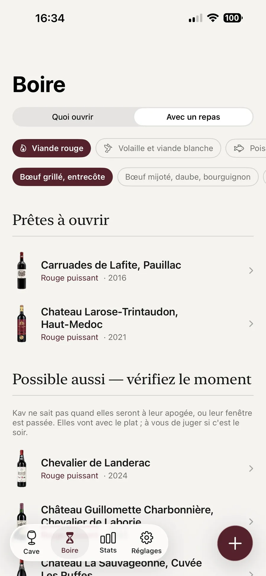 L'accord mets-vins de Kav pour un bœuf grillé, avec les bouteilles prêtes à ouvrir puis celles dont l'apogée est inconnue, clairement séparées