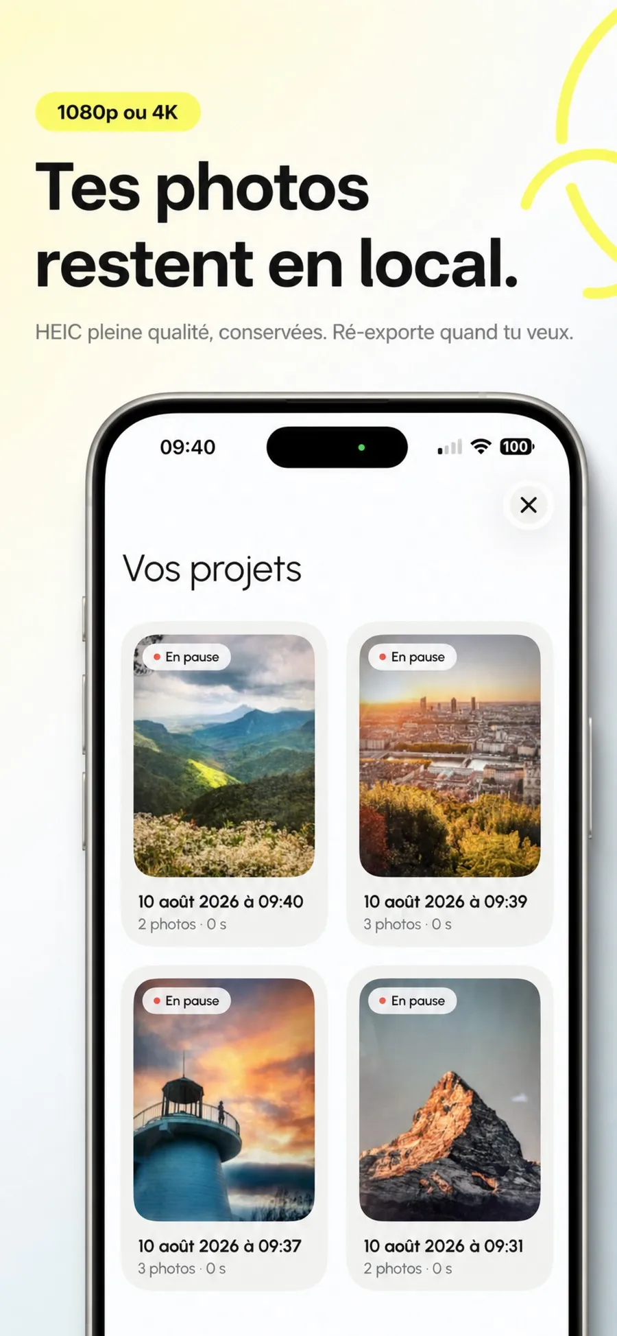Liste des projets d'Interval Pro, quatre sessions en pause avec leur vignette, leur date et leur nombre de photos