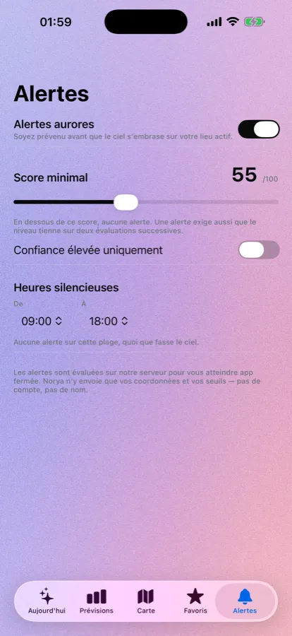 Réglages des alertes de Norya avec le score minimal, l'exigence de confiance élevée et les heures silencieuses